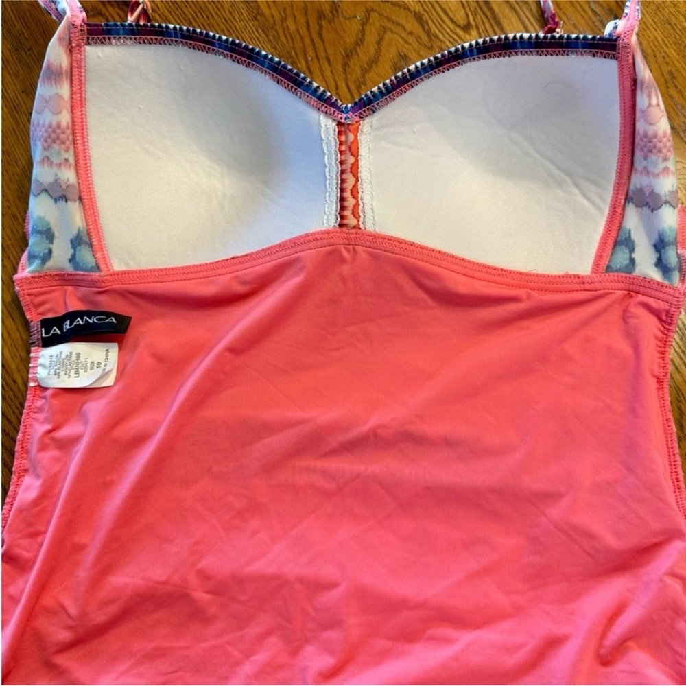 La Blanca Geometric Tribal Tankini Swimsuit Set 10 Coral Pink Blue Two Piece - Picture 9 of 14